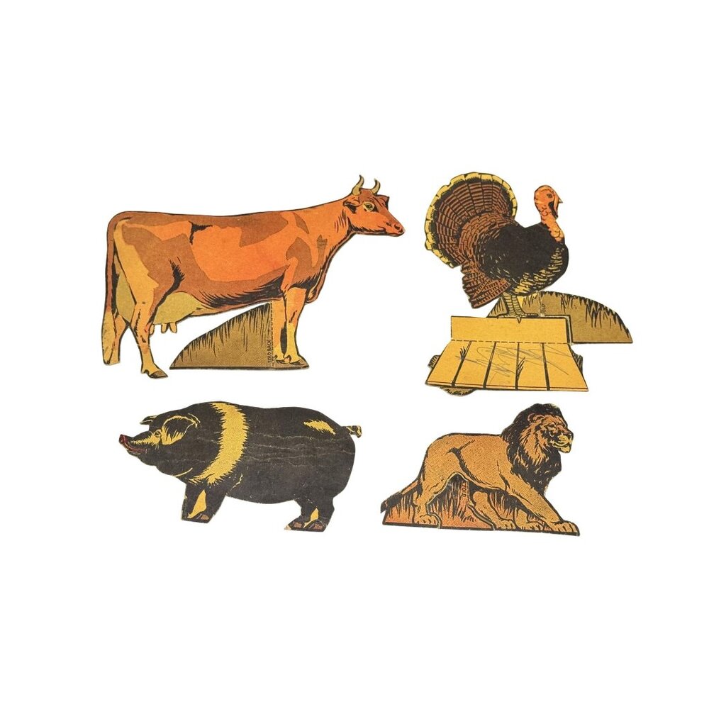 1930's Post Toasties Cereal Box Cut Outs Turkey Cow Pig Lion